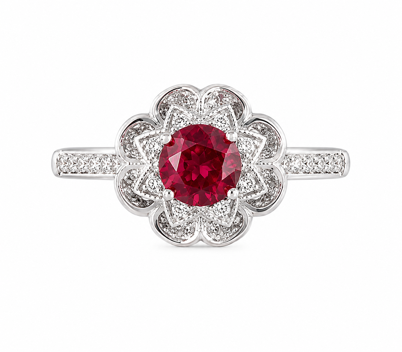 PRELOVED Sterling silver ruby red floral halo ring