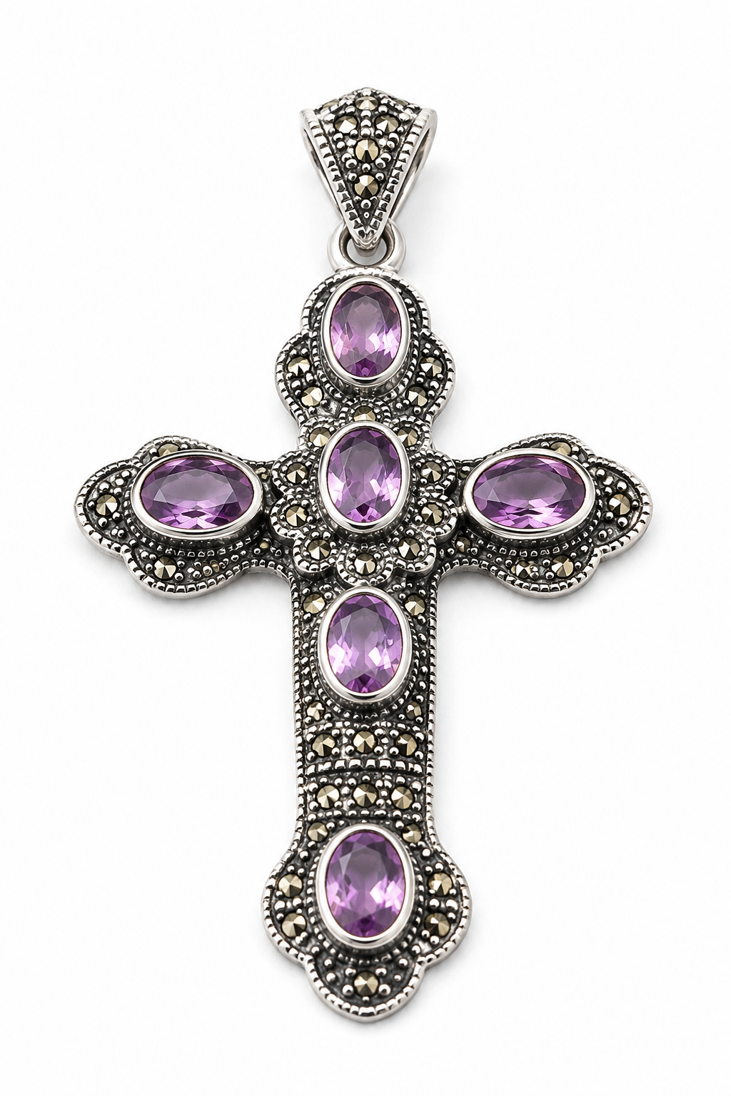PRELOVED Sterling silver amethyst and marcasite cross pendant