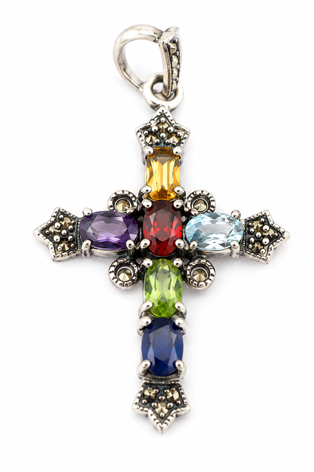 PRELOVED sterling silver multi gemstone cross pendant