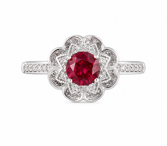 PRELOVED Sterling silver ruby red floral halo ring