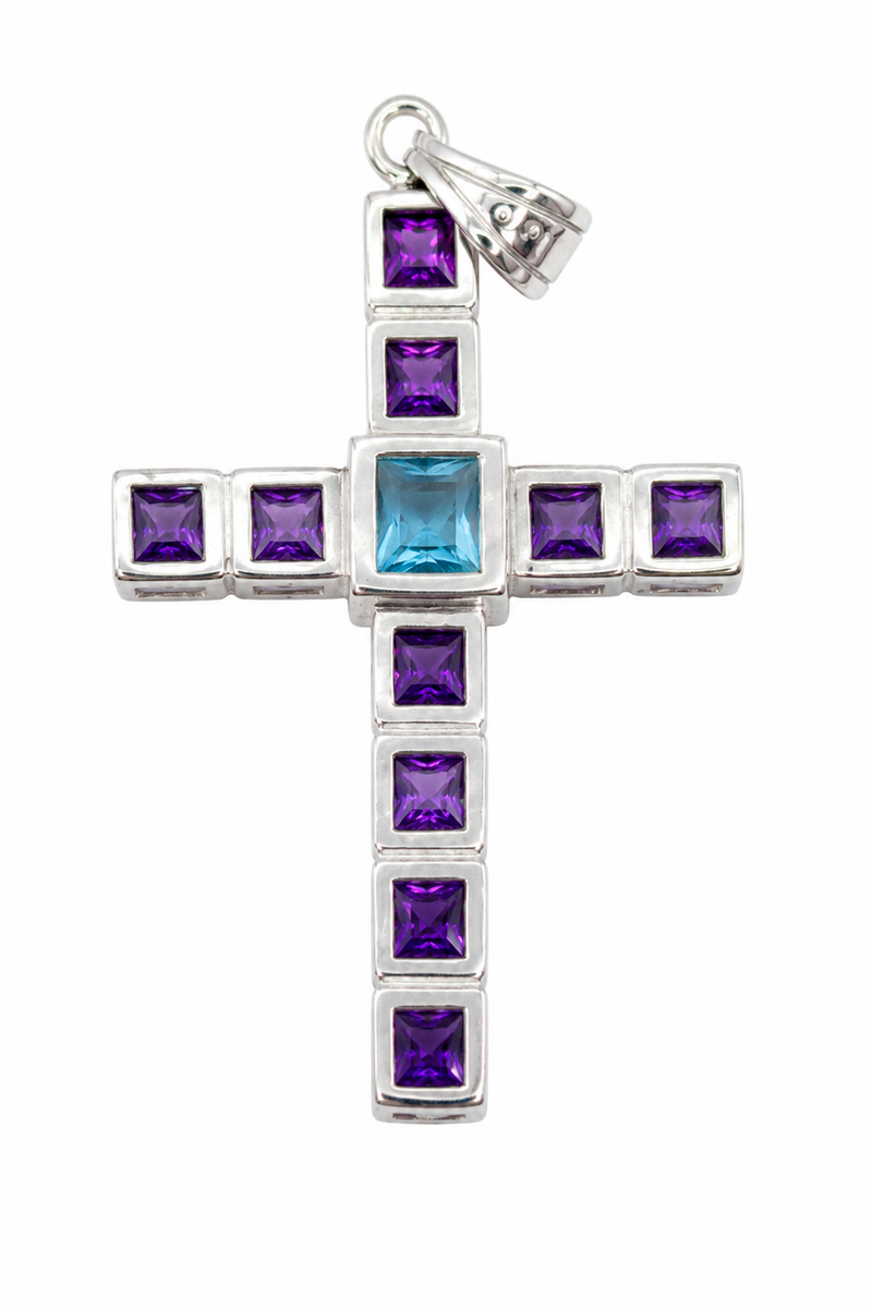 PRELOVED Silver amethyst and blue topaz cross pendant