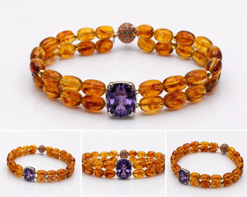 Natural Amber Double Strand Bracelet With Amethyst Centre Stone & Magnetic Clasp