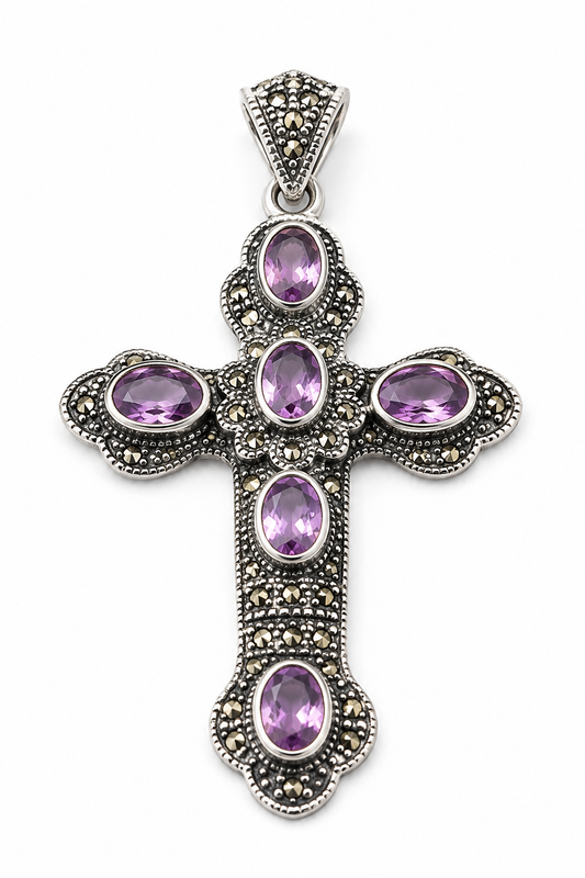 PRELOVED Sterling silver amethyst and marcasite cross pendant