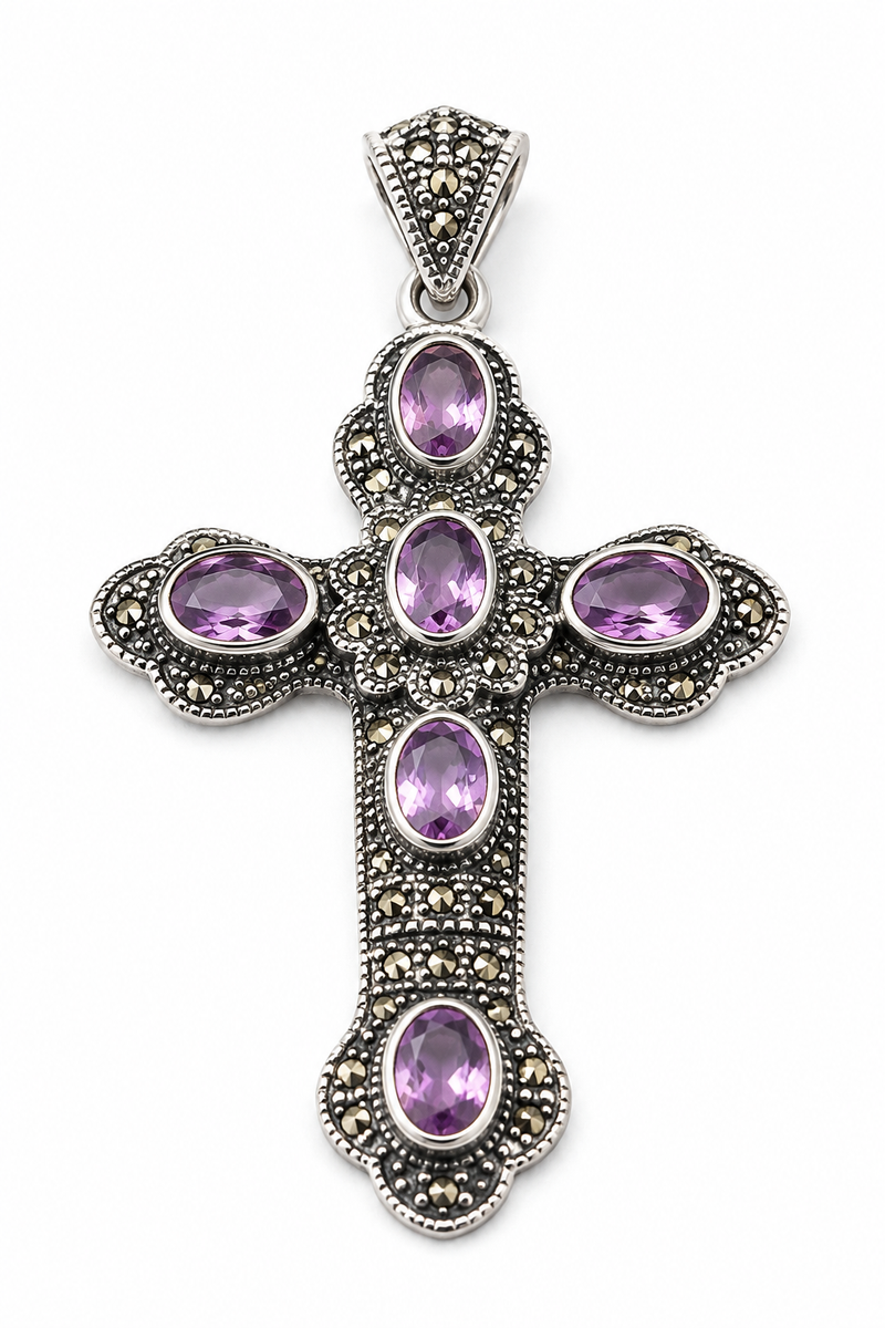 PRELOVED Sterling silver amethyst and marcasite cross pendant