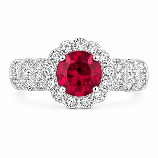 PRELOVED Sterling silver ruby red halo staement ring
