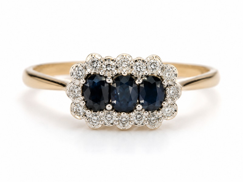 PRELOVED 9ct three sapphire and diamond cluster ring