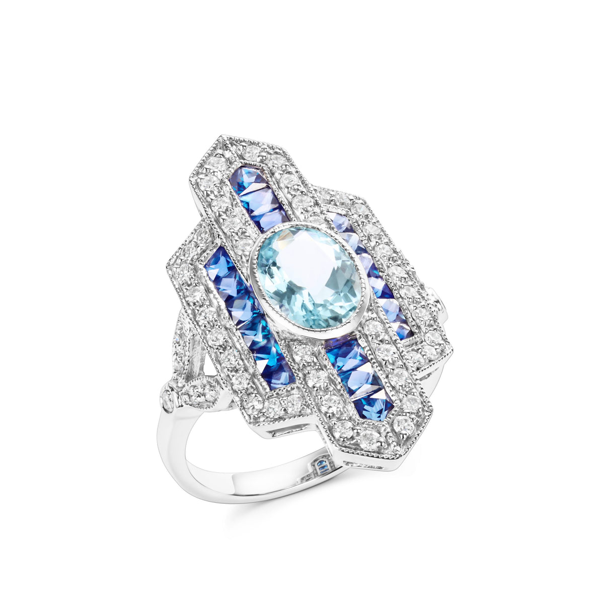 NEW JX range 18ct white gold Aquamarine, Sapphire and Diamond Ring