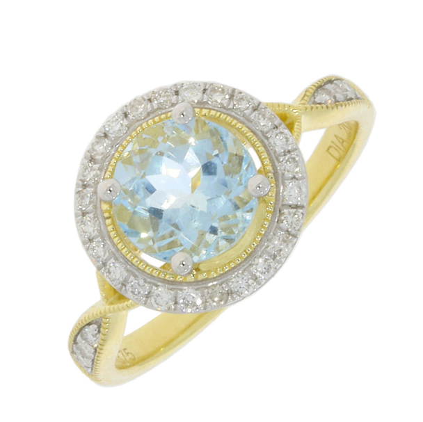 NEW JX Range 9ct Yellow & White Gold Aquamarine and Diamond Halo Ring