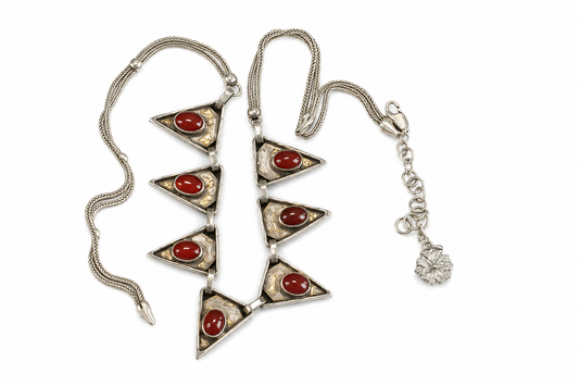 PRELOVED Sterling Silver Necklace with Red Cabochon Gemstone Panels