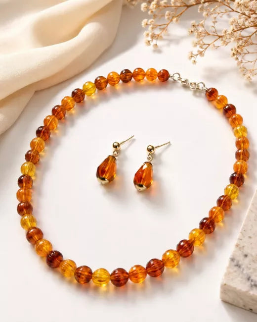 Amber-Tone Beaded Necklace & Matching Earrings Set