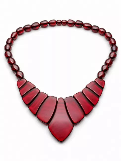 Natural Cherry Baltic Amber Statement Necklace – Deep Red Polished Amber