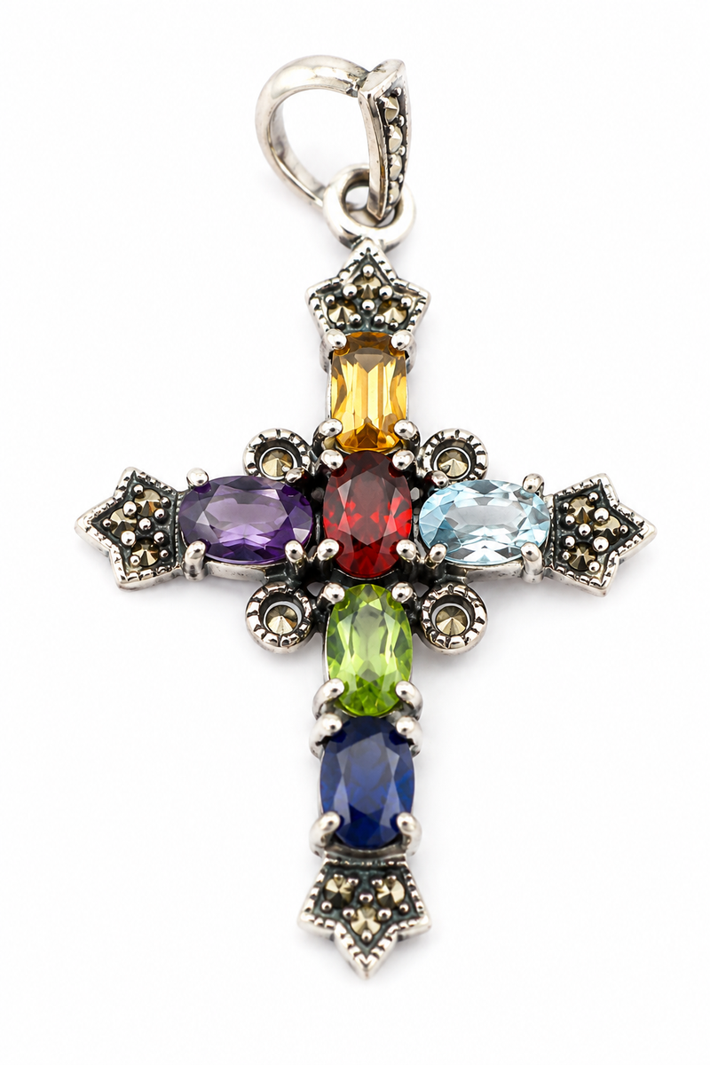 PRELOVED sterling silver multi gemstone cross pendant