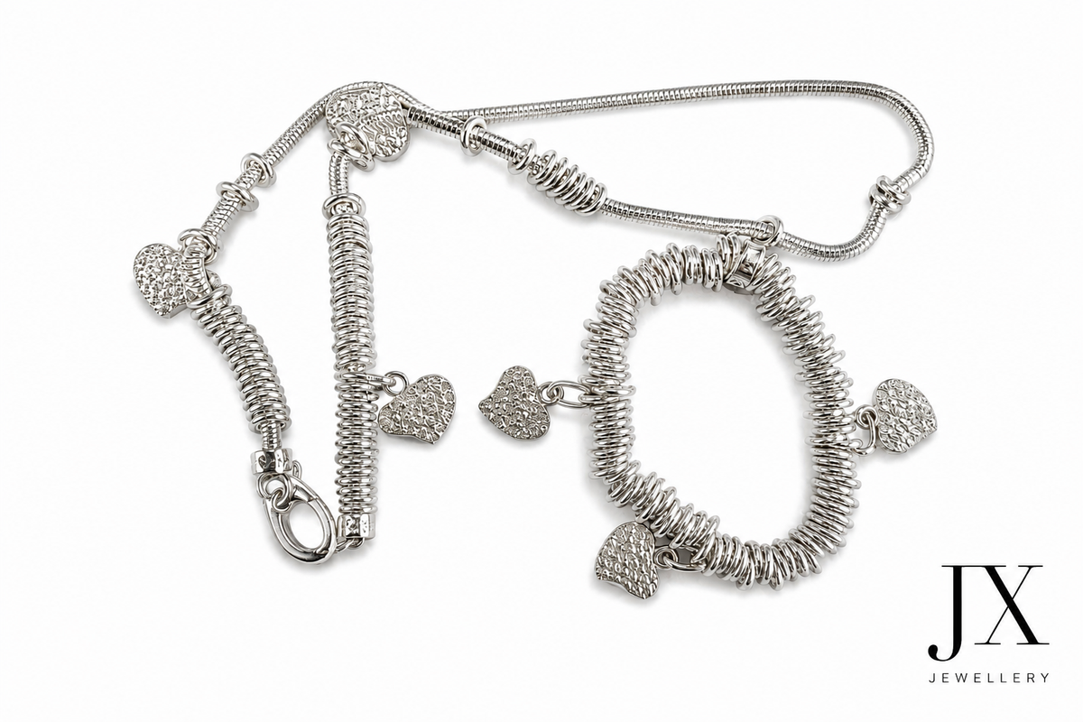 PRELOVED Links of London Silver Toned Necklace with Heart Charms, With Matching Bracelet. Both with Boxes.