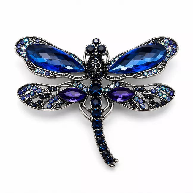 Vintage Blue Crystal Dragonfly Brooch – Silver Tone Statement Pin